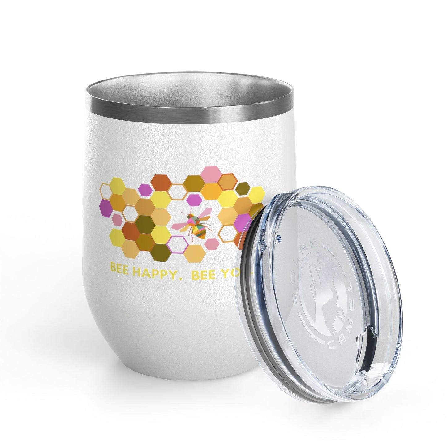 12oz Wine Tumbler — Bee Happy Bee You Honeycomb Floral Design