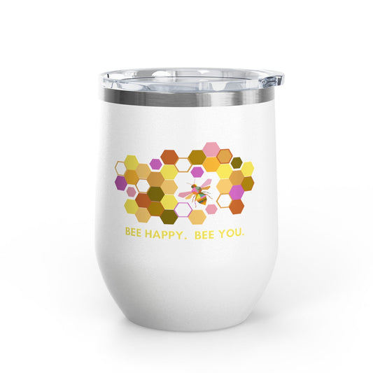 12oz Wine Tumbler — Bee Happy Bee You Honeycomb Floral Design