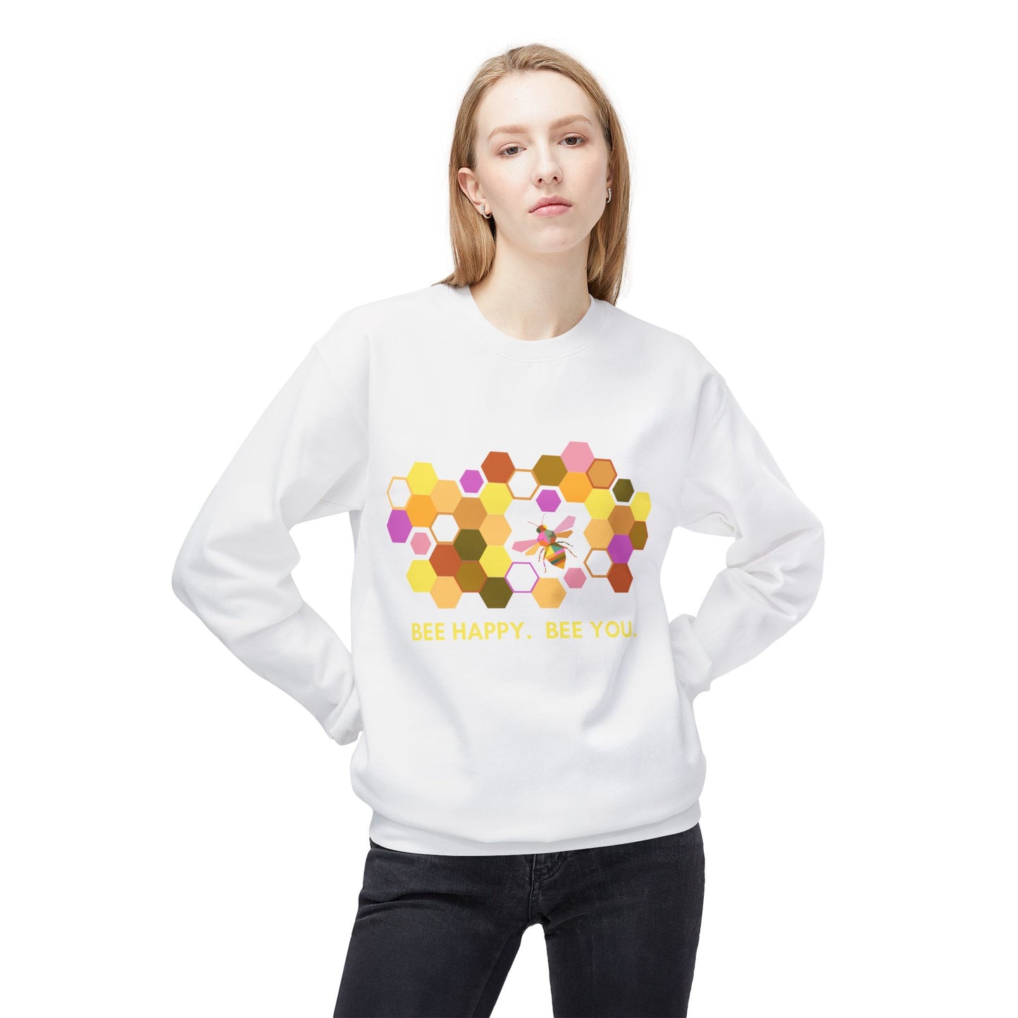 Bee Happy Crewneck Sweatshirt — Honeycomb Floral Bee Graphic, "Bee Happy - Bee You"