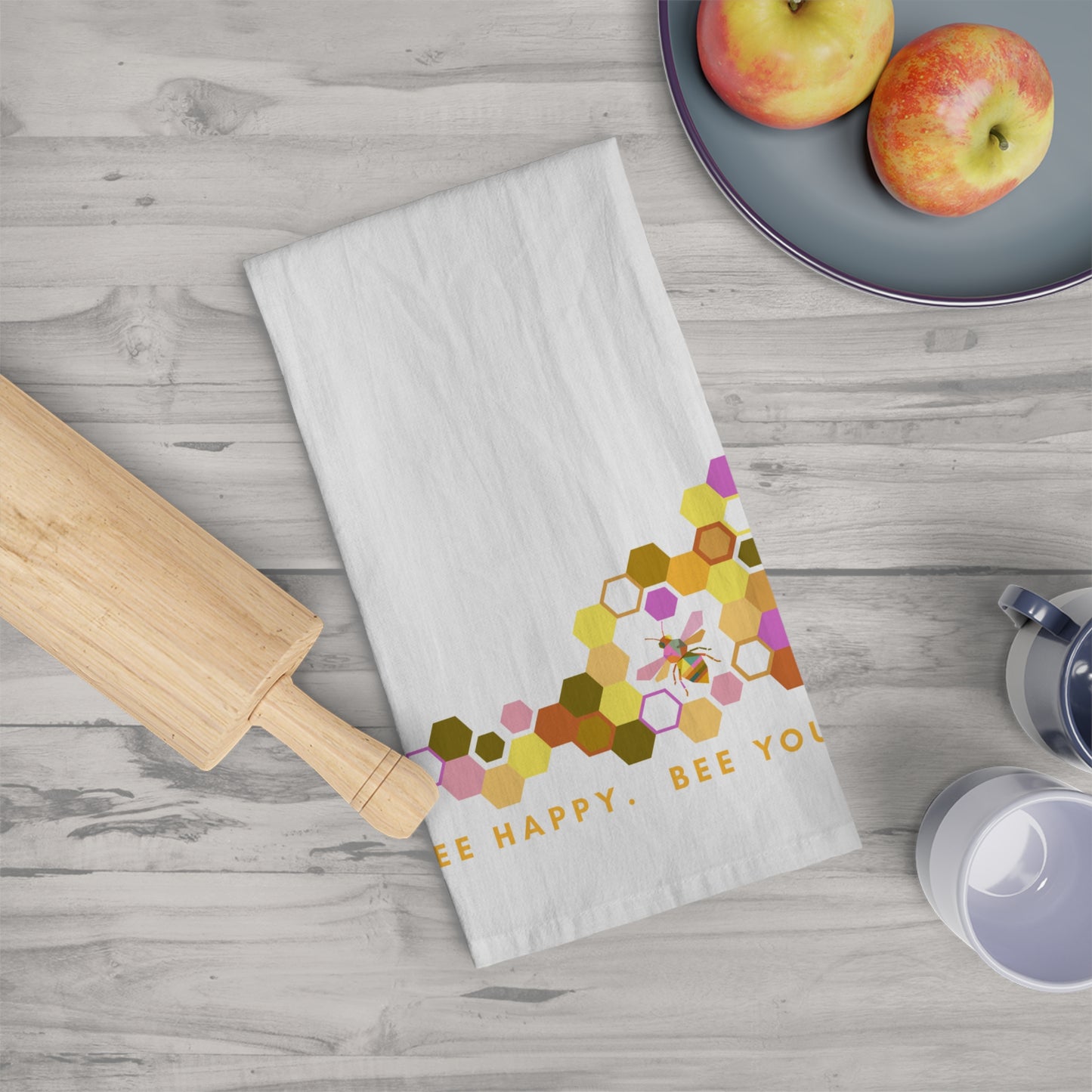 Bee Happy Bee You Tea Towel — Floral Honeycomb Kitchen Towel
